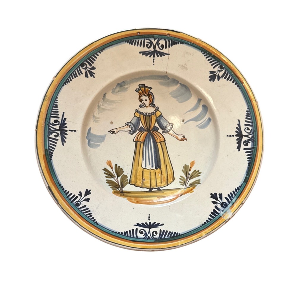 Antique Hand Painted‎ French Faience Majolica Pottery Plate Woman Folk Art 14.5"